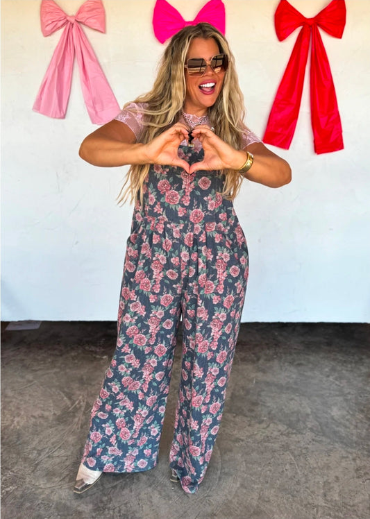 CASSIDY FLORAL DENIM OVERALLS(PREORDER)