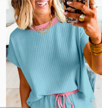 Casual Solid Colorblock Short Sleeve Set