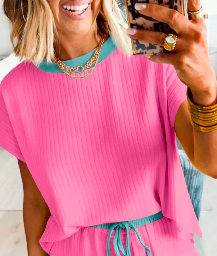 Casual Solid Colorblock Short Sleeve Set