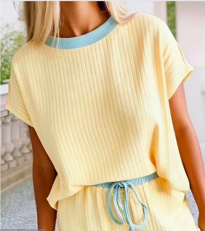 Casual Solid Colorblock Short Sleeve Set