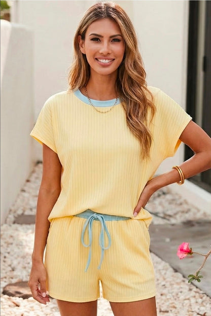 Casual Solid Colorblock Short Sleeve Set
