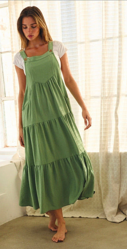 Solid Button Sling Tiered Midi Dress