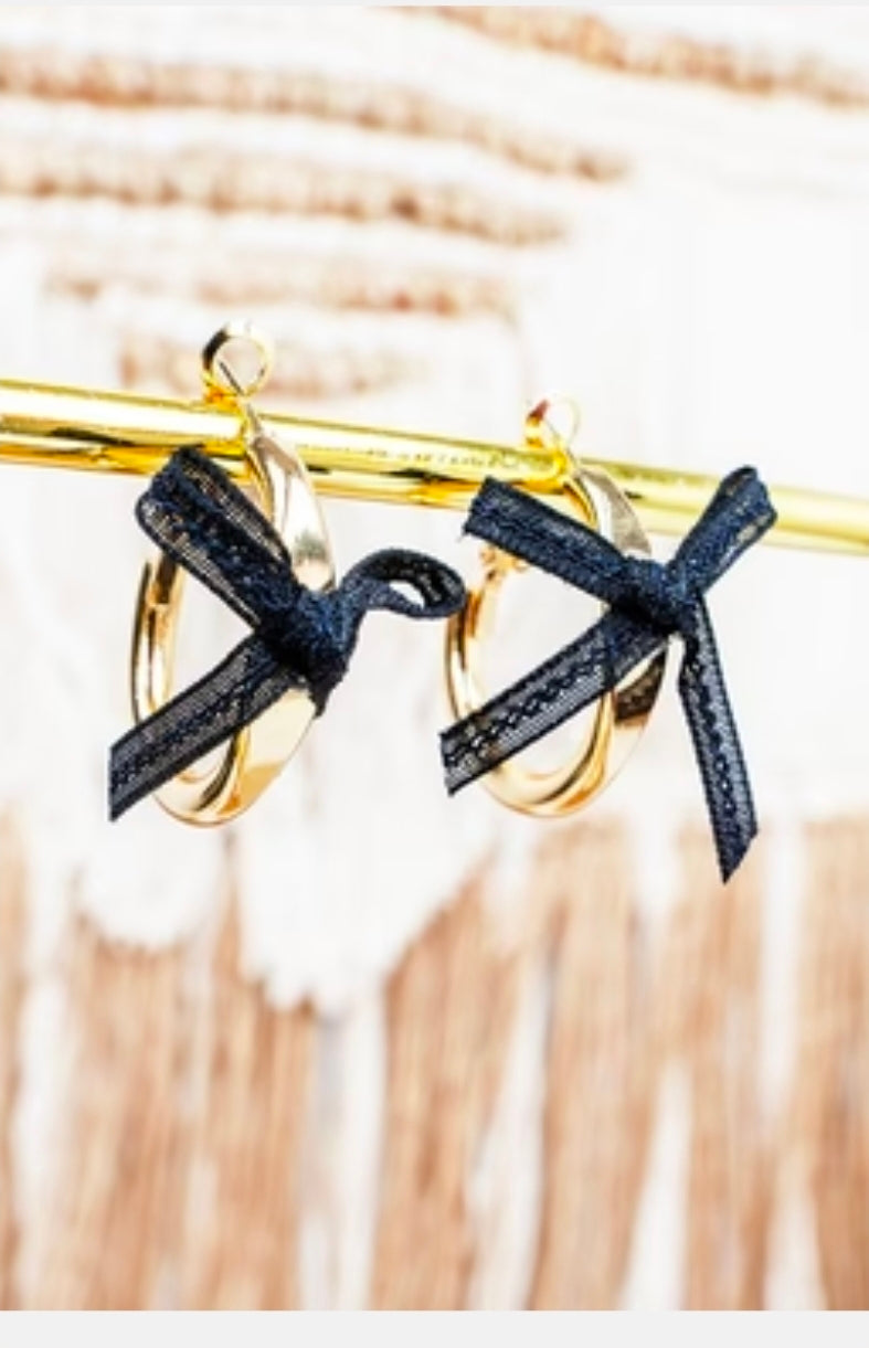 Goldtone Black Ribbon Reverie Hoop Earrings