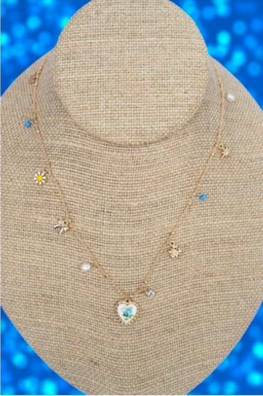 Blue Cottage Bloom Goldtone Charm Necklace