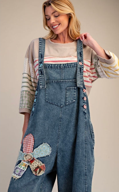 FLOWER PATCH WASHED DENIM OVERALLS