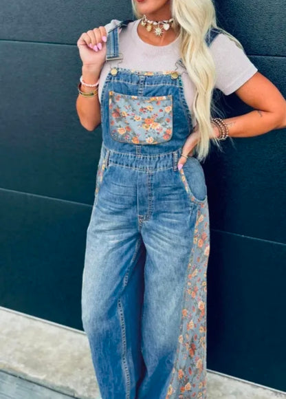 Peacock Blue Floral Patchwork Denim Wide Leg Overalls