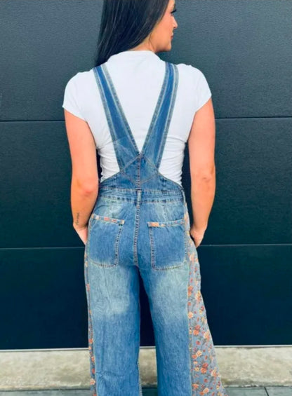 Peacock Blue Floral Patchwork Denim Wide Leg Overalls