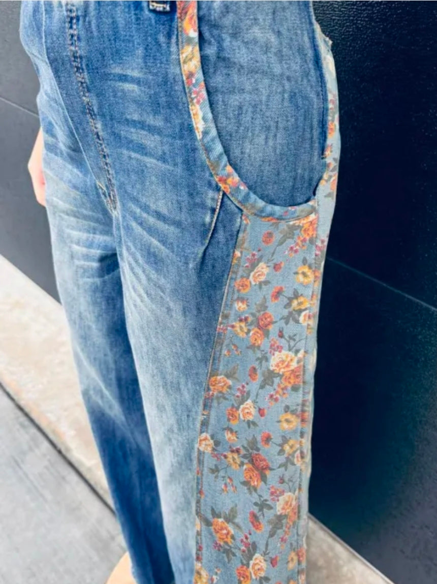 Peacock Blue Floral Patchwork Denim Wide Leg Overalls