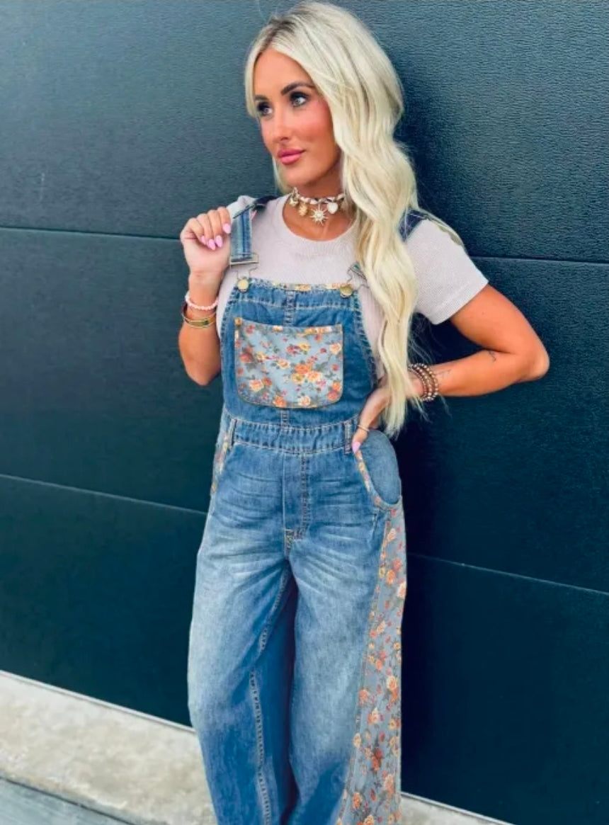 Peacock Blue Floral Patchwork Denim Wide Leg Overalls