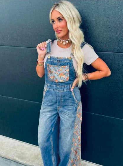 Peacock Blue Floral Patchwork Denim Wide Leg Overalls