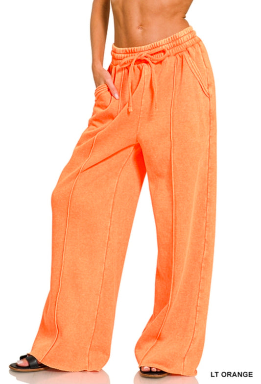 ACID WASHED FLEECE PINTUCK WIDE LEG PANTS