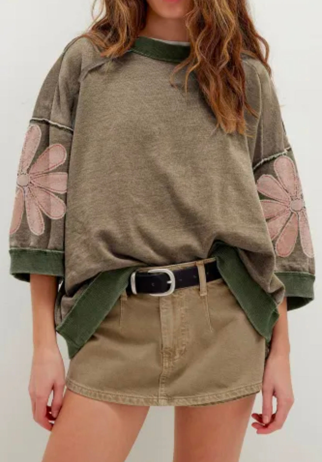 Breen Mineral Wash Raw Seam Patchwork Flower 3/4 Sleeve Oversize Top
