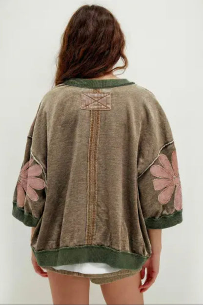 Breen Mineral Wash Raw Seam Patchwork Flower 3/4 Sleeve Oversize Top