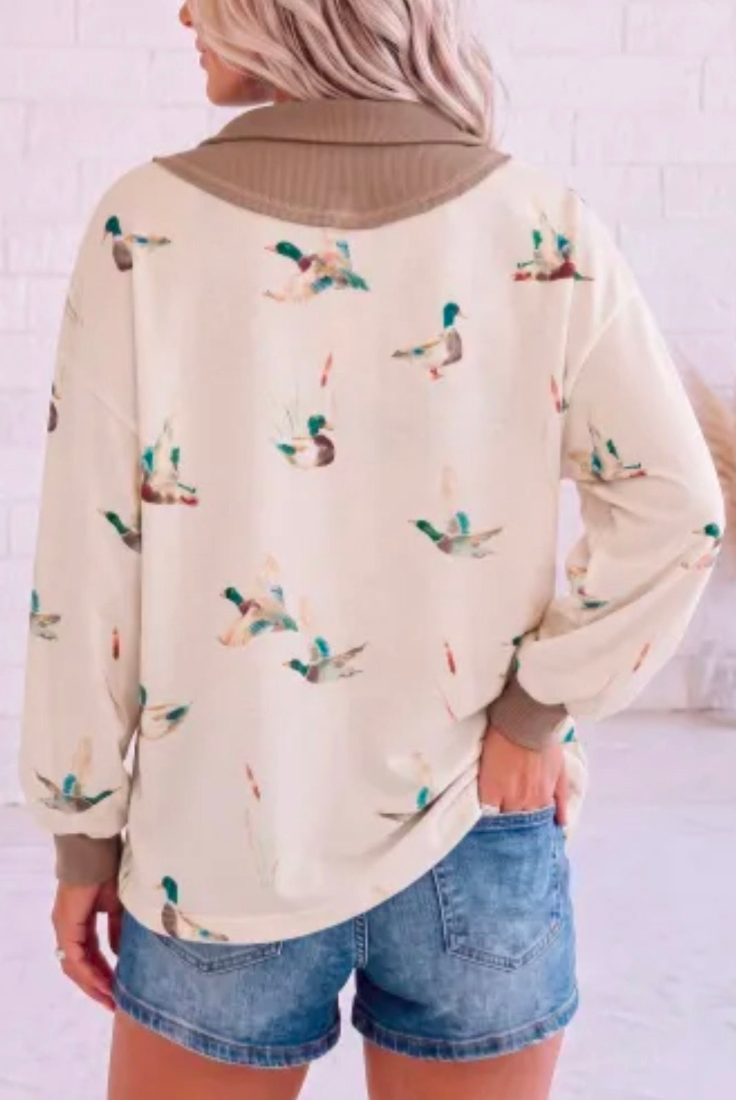Beige Wild Mallard Print Color Block Patchwork Zip Neck Tunic Top