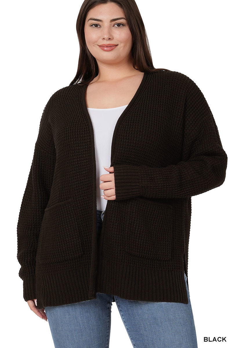 LOW GAUGE WAFFLE OPEN CARDIGAN SWEATER