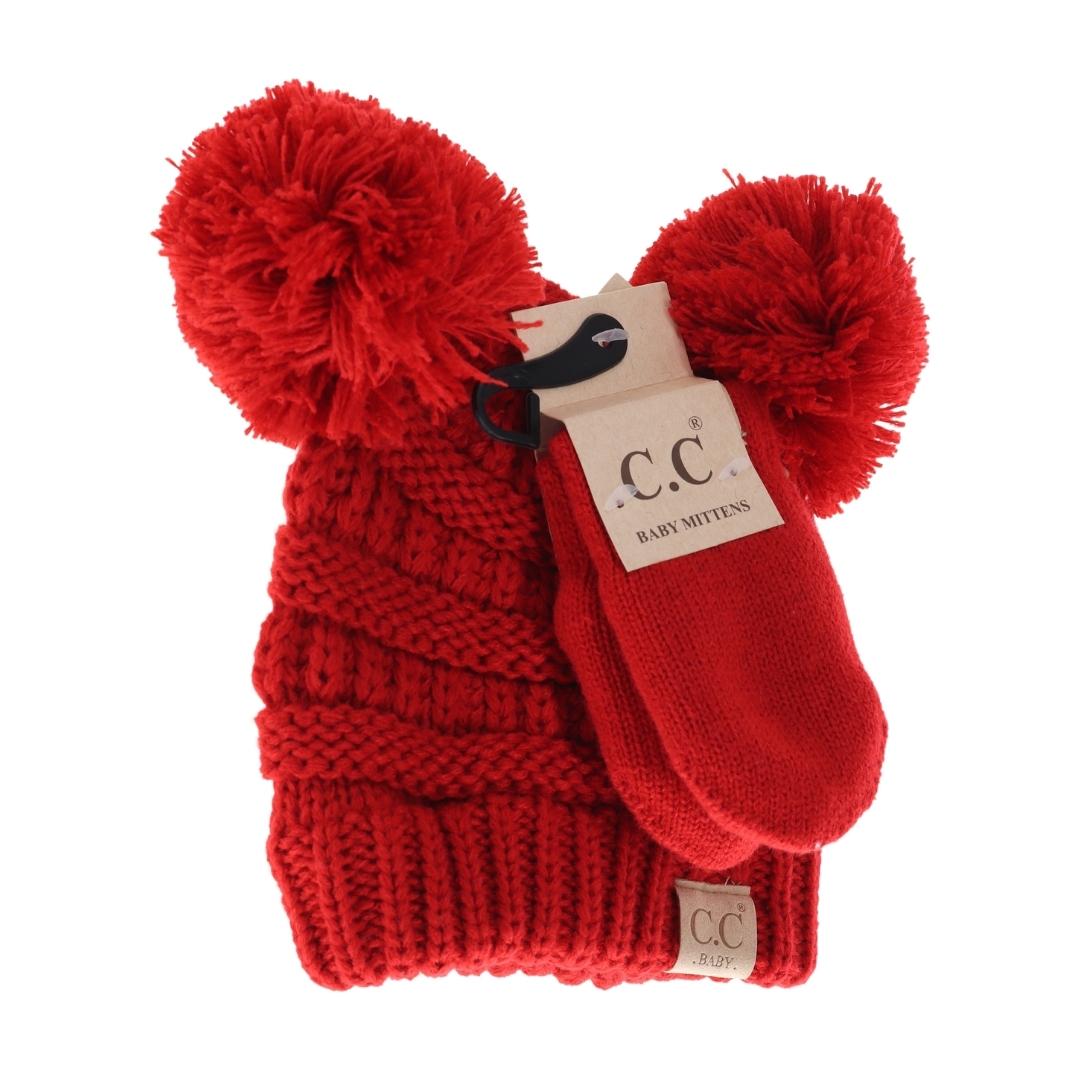 BABY Solid Knit Double Pom C.C Beanie with Mitten