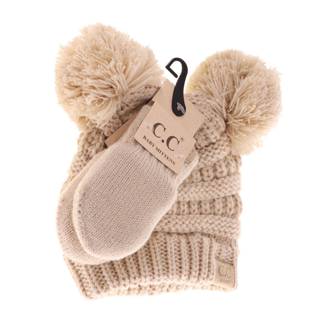 BABY Solid Knit Double Pom C.C Beanie with Mitten