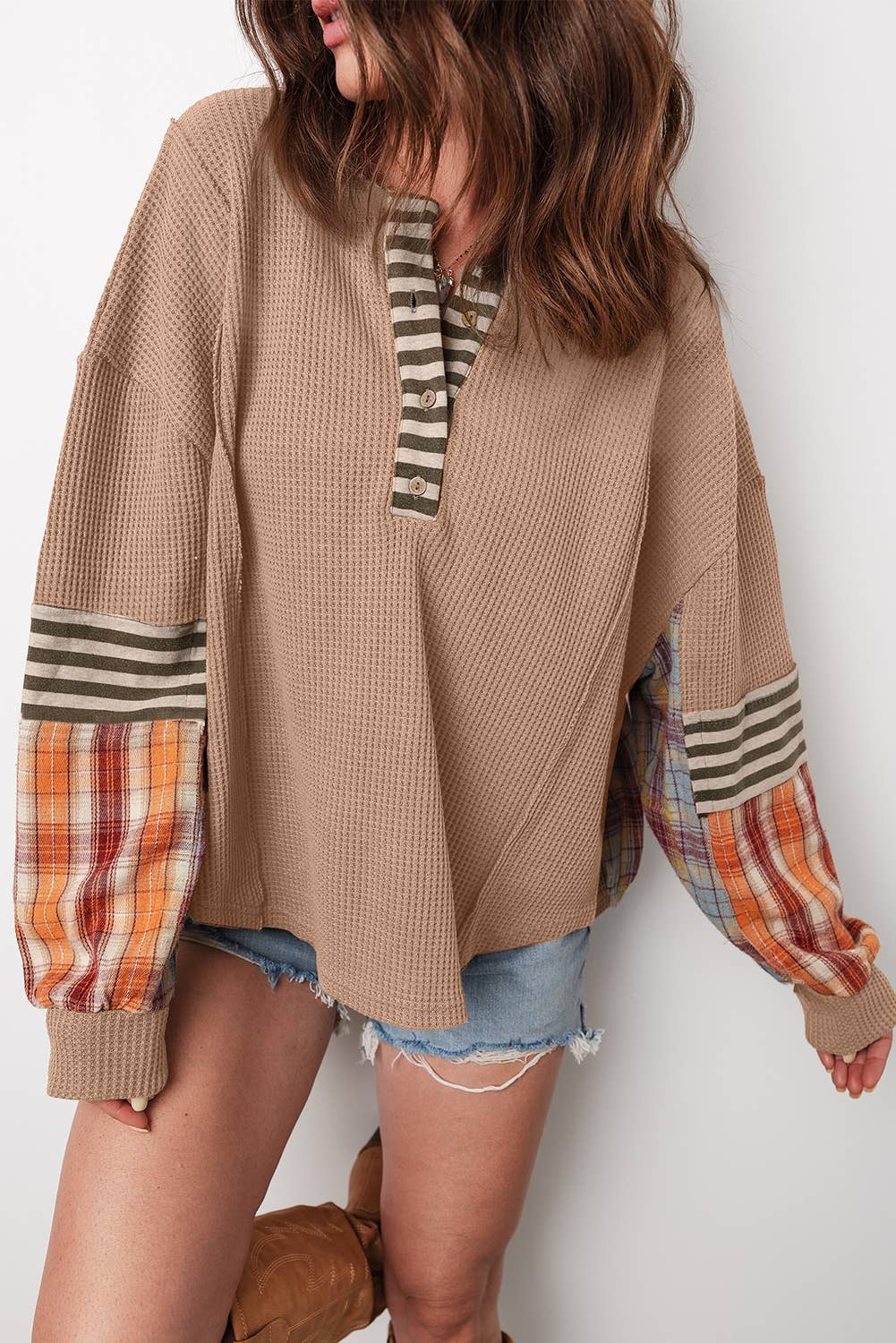 Waffle Stripe Plaid Patch Henley Knit Top | S-4X