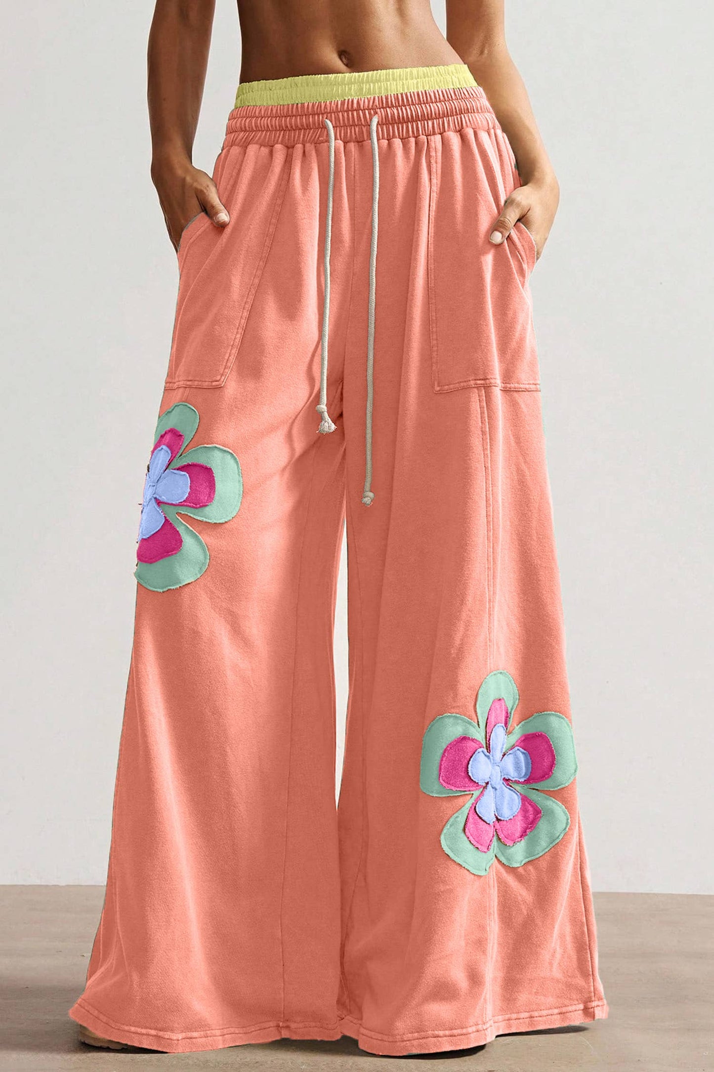 Floral Patchwork Drawstring Elastic Waist Wide Leg Pant
