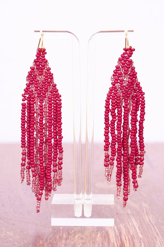 FABULOUS FRINGE PINK SEED BEAD FRINGE EARRINGS