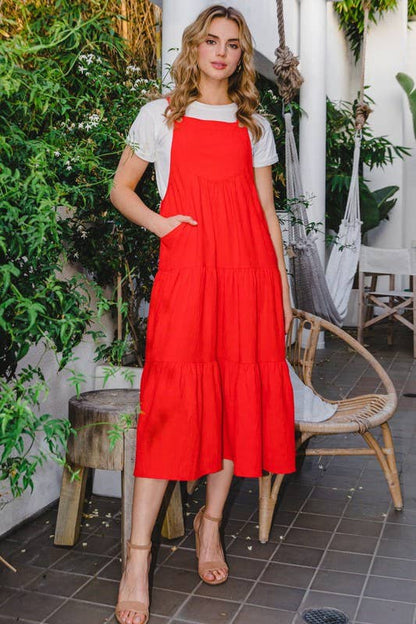 Solid Button Sling Tiered Midi Dress