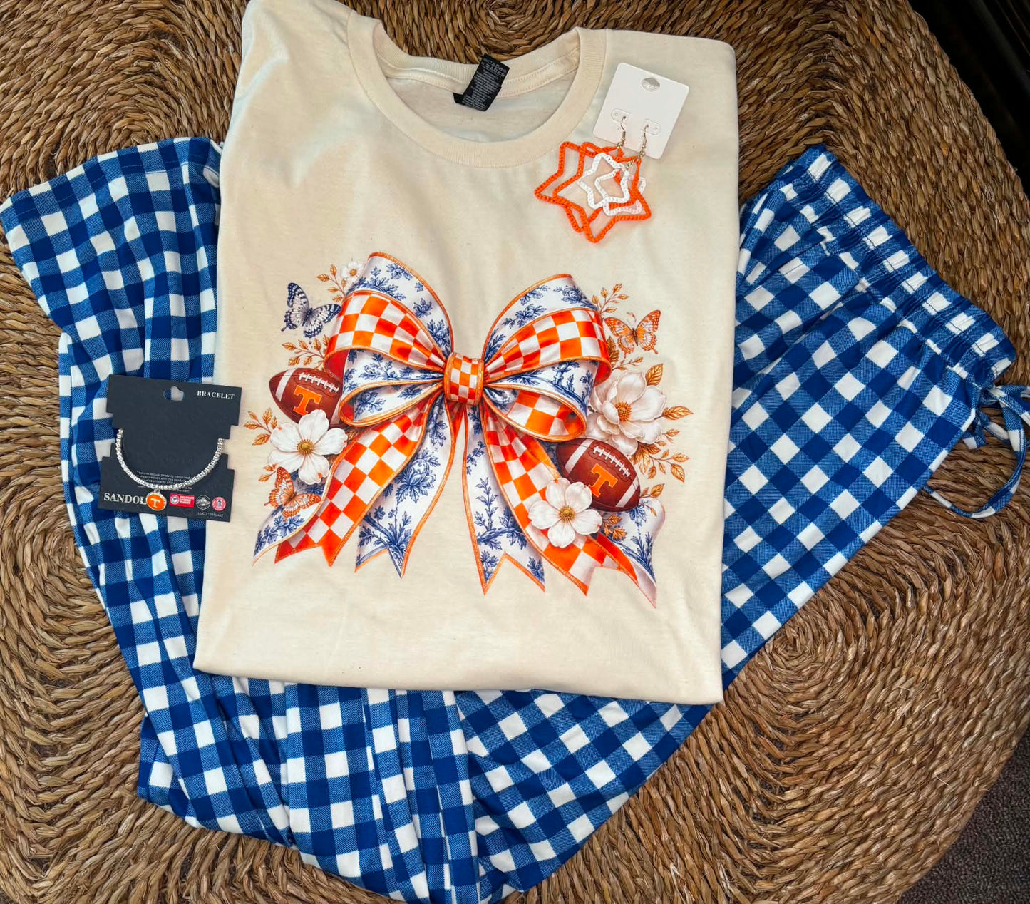 TN Checkered and Floral Bow Tee