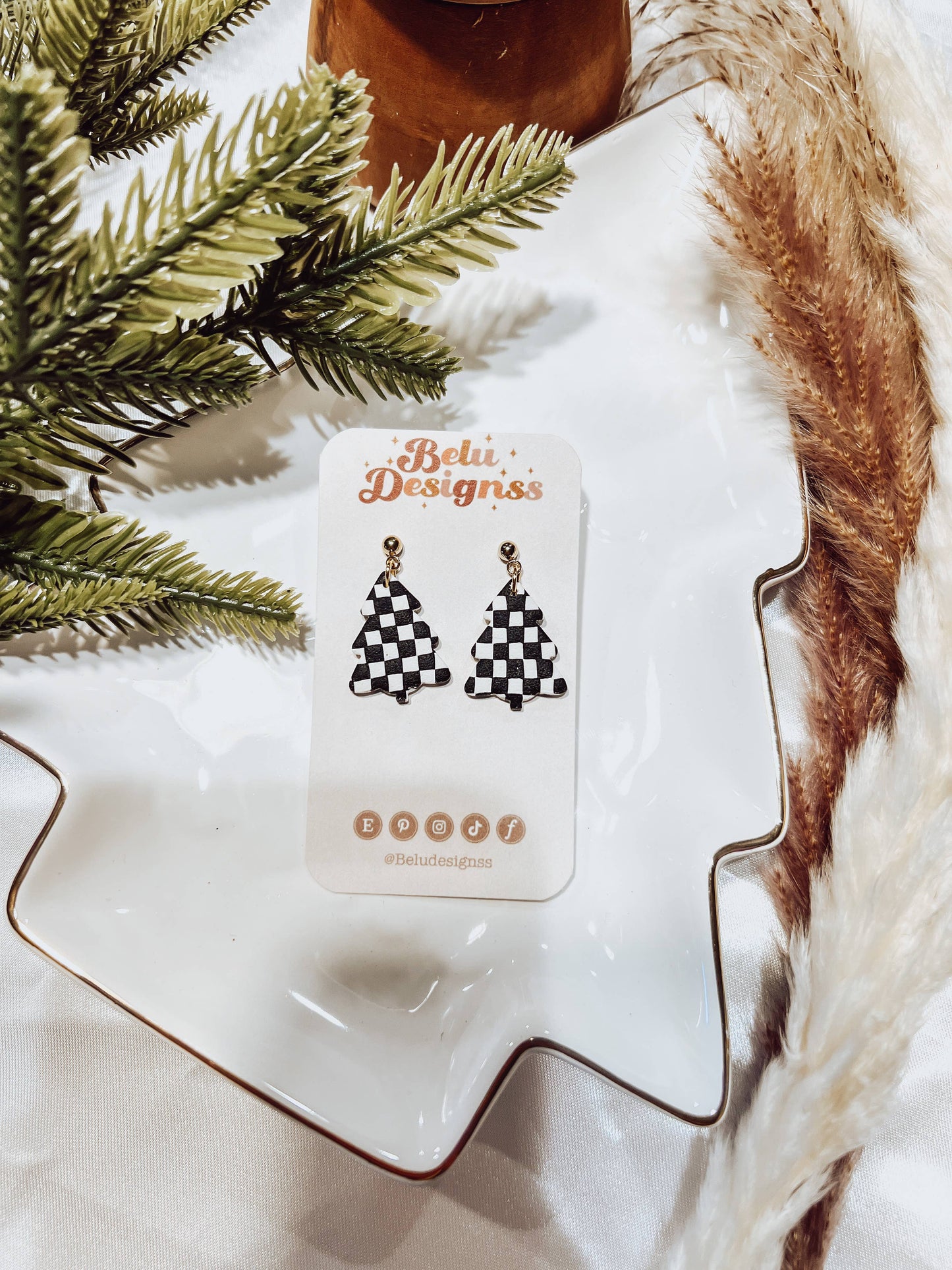 Black and White Checker Christmas Tree Clay Earrings