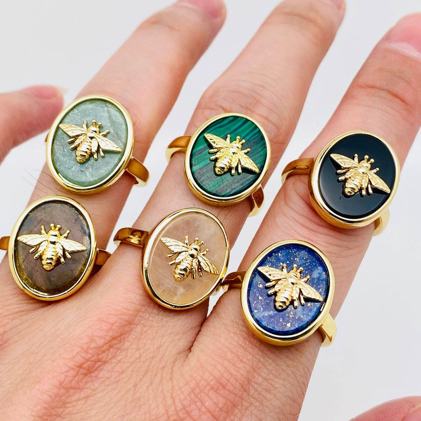 Natural Stone Golden Bee Opening Adjustable Ring