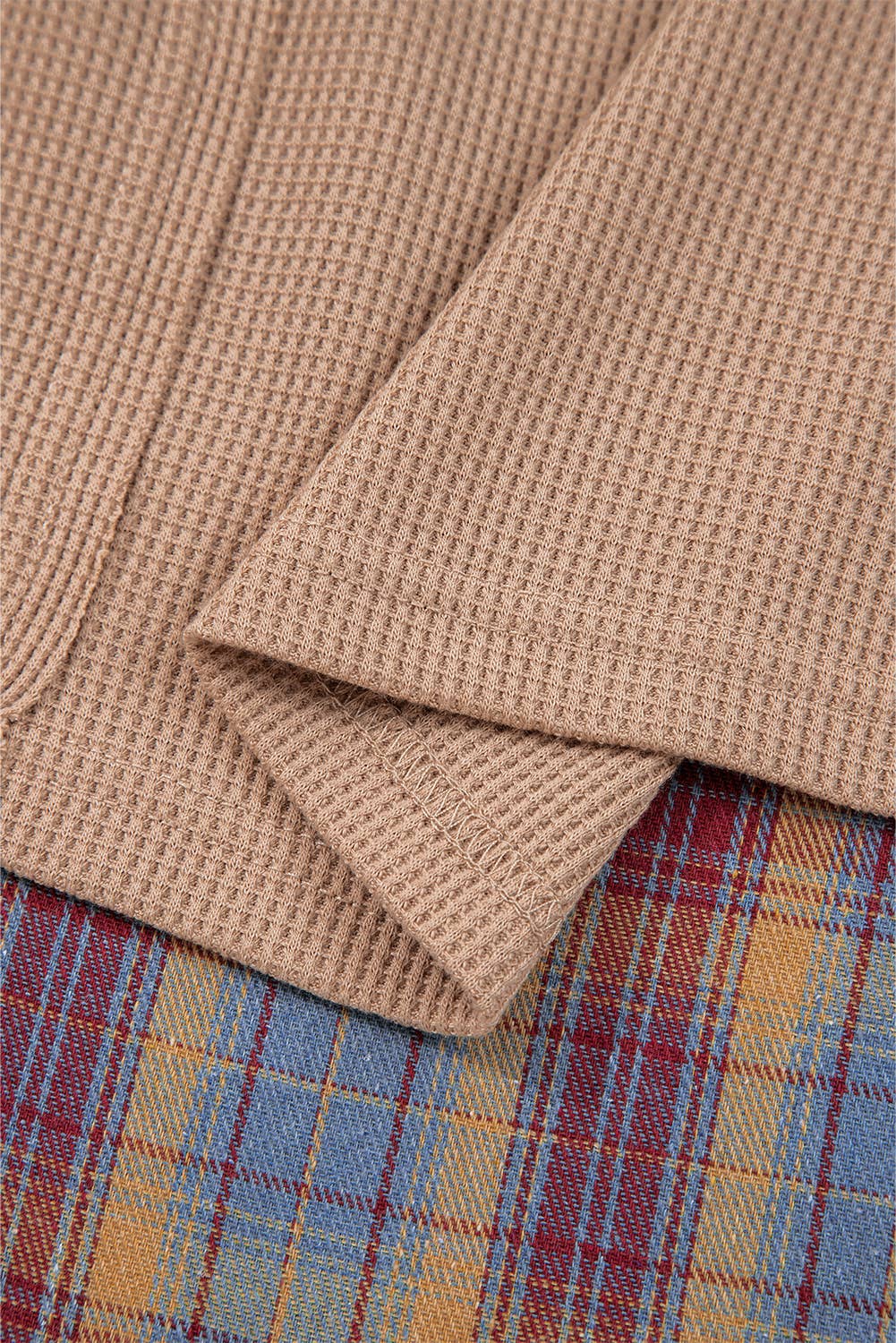 Waffle Stripe Plaid Patch Henley Knit Top | S-4X