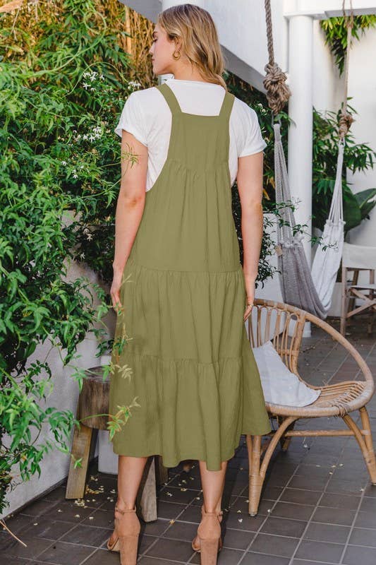 Solid Button Sling Tiered Midi Dress