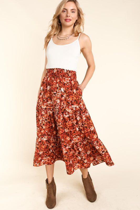 RUST FLORAL TIERED MAXI WOVEN POCKET SKIRT