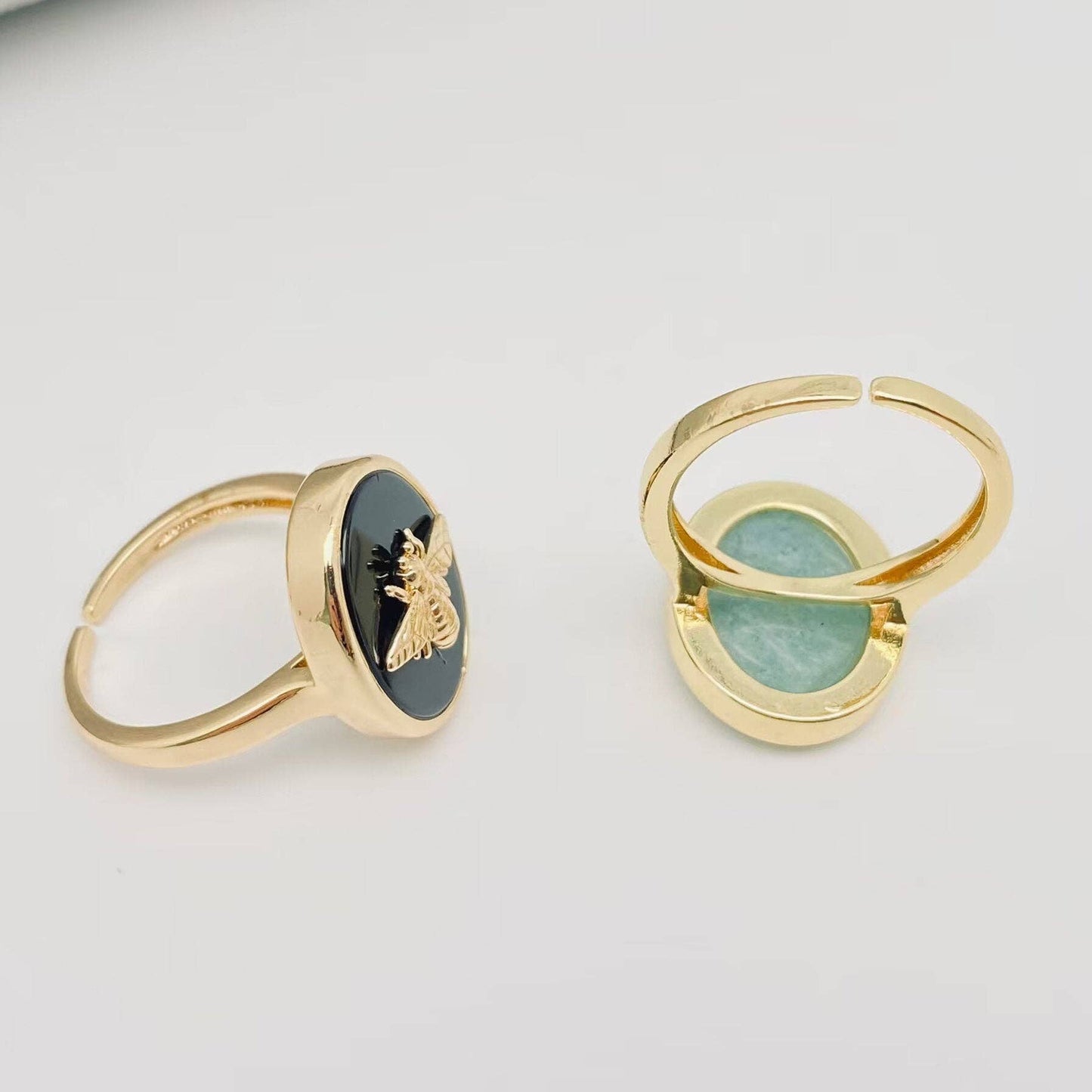 Natural Stone Golden Bee Opening Adjustable Ring