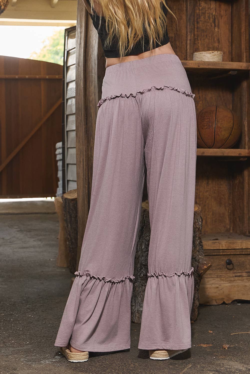 Fashion-W Frilled Drawstring High Waist Wide Leg Pants