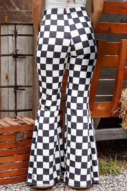 Fall Checked Checkerboard High Rise Casual Flared Pants