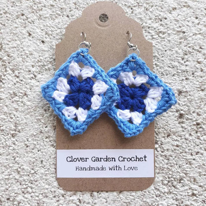 Crochet Cotton Granny Square Drop Earrings Blue Color Themes