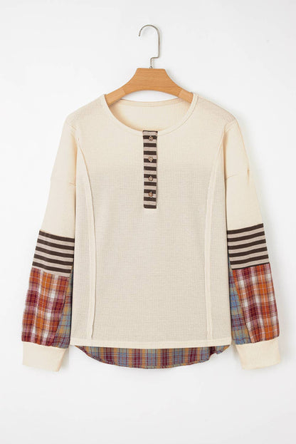 Waffle Stripe Plaid Patch Henley Knit Top | S-4X