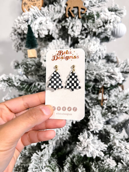 Black and White Checker Christmas Tree Clay Earrings