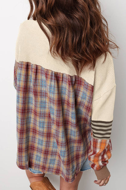 Waffle Stripe Plaid Patch Henley Knit Top | S-4X