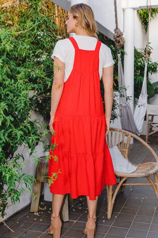 Solid Button Sling Tiered Midi Dress