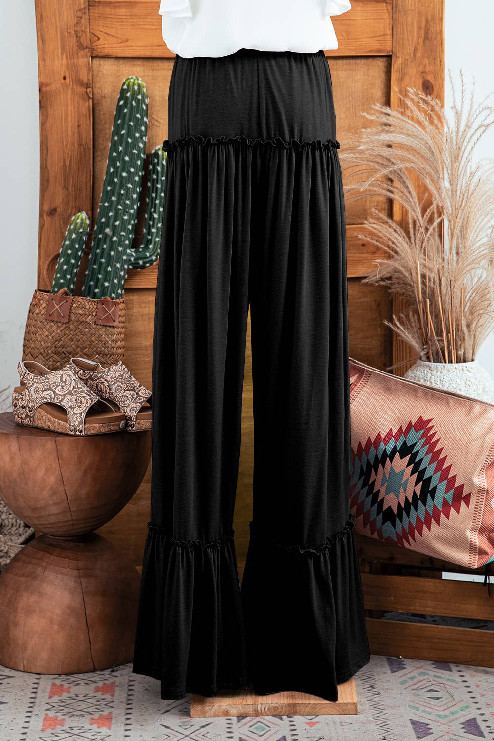 Fashion-W Frilled Drawstring High Waist Wide Leg Pants