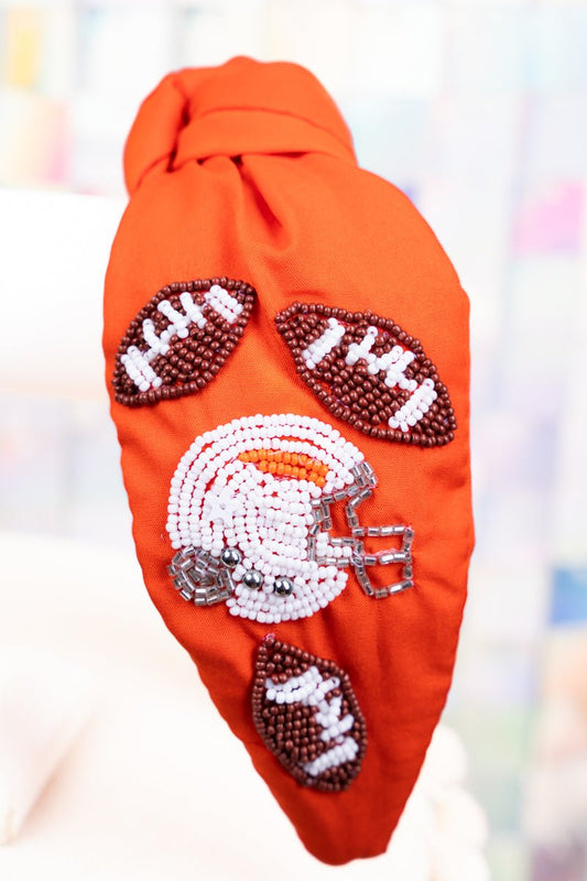 FALL MEANS FOOTBALL ORANGE AND WHITE SEED BEAD KNOTTED HEADBAND