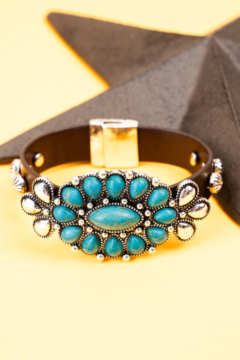 Turquoise Brown Silvertone Magnetic Bracelet