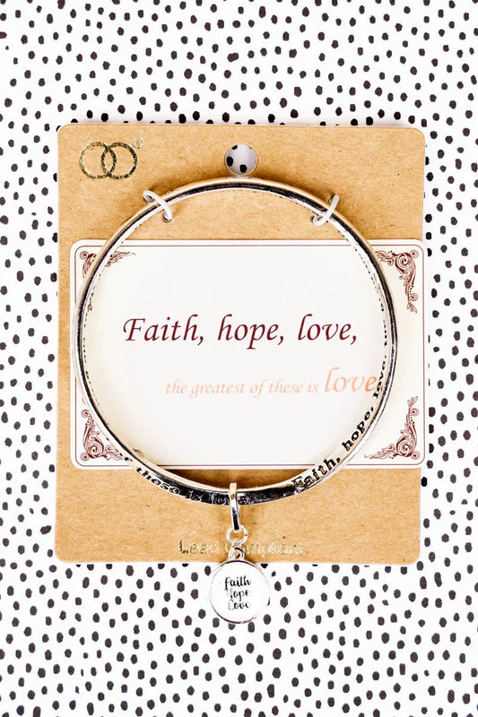 FAITH, HOPE, LOVE SILVERTONE TWIST BANGLE WITH BUBBLE CHARM