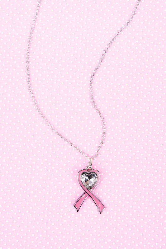 CRYSTAL AVENUE SPARKLE HEART PINK RIBBON PENDANT NECKLACE