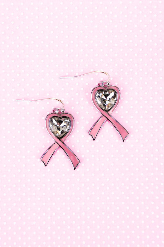 CRYSTAL AVENUE SPARKLE HEART PINK RIBBON PENDANT EARRINGS