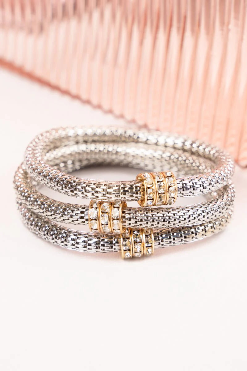 Textured Weave Chain & Rhinestone Silvertone Bracelet Set