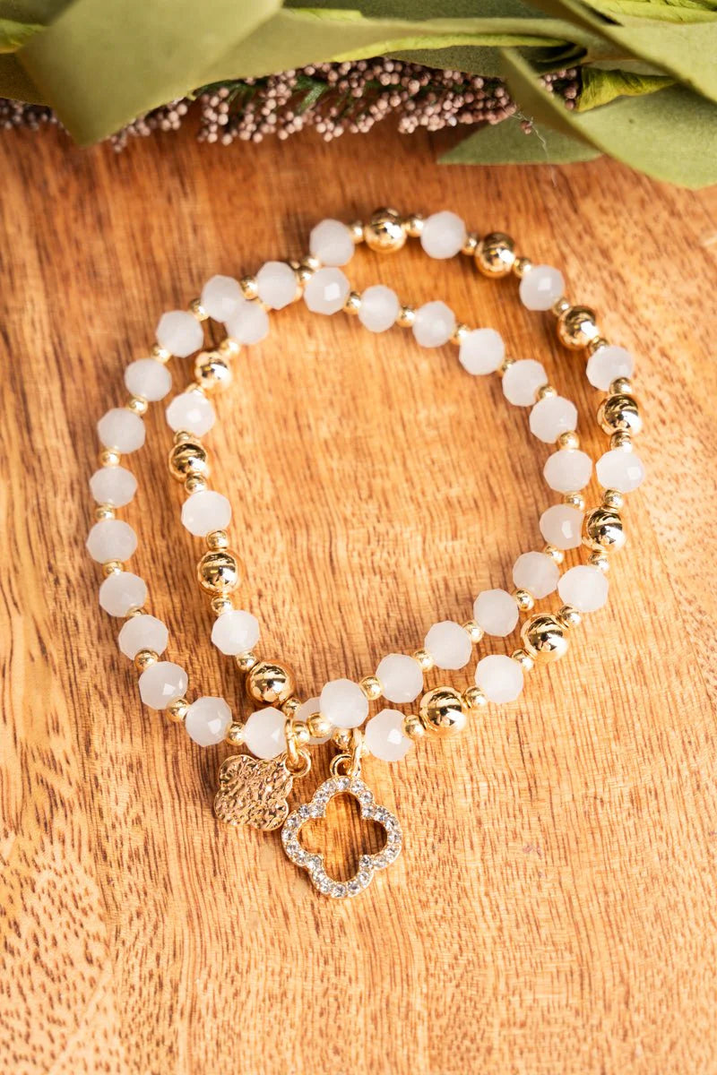 Double Trouble Quatrefoil White Beaded Bracelet Set