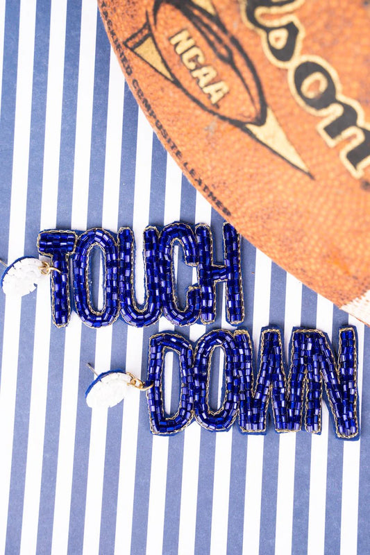 TOUCH DOWN ROYAL BLUE AND WHITE SEED BEAD EARRINGS