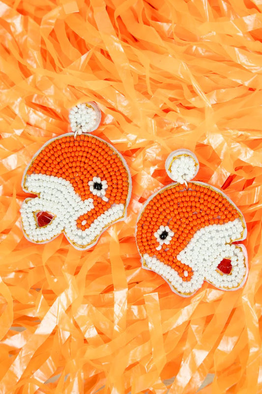 ORANGE AND WHITE SEED BEAD FOOTBALL HELMET EARRINGS