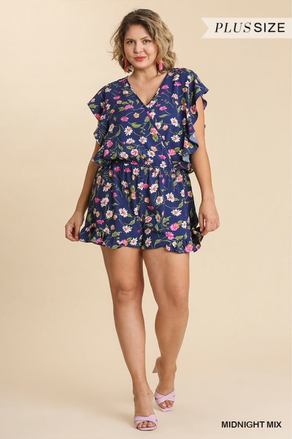 Floral Print Ruffle Surplice Elastic Waist Romper with Snap Button Closure